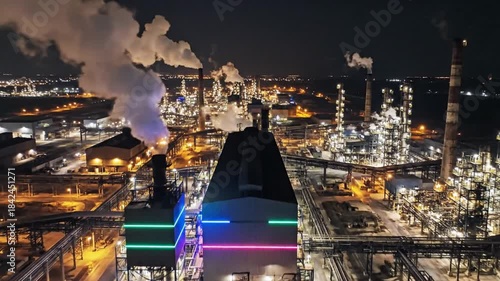 Nighttime refinery glowing pipelines, bright towers, smokestacks amid industrial glow. Under lights