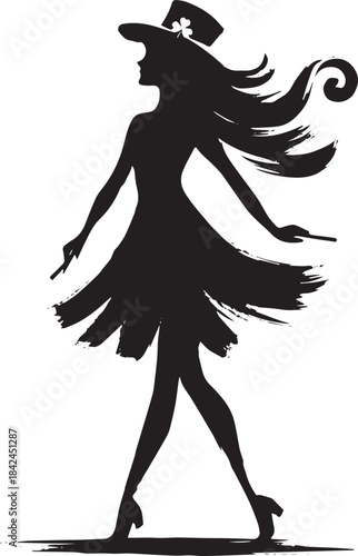 Elegant female figure with hat and flowing hair in abstract mono