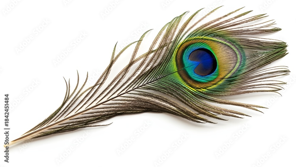 Fototapeta premium Beautiful peacock feather with eye pattern isolated on a white background
