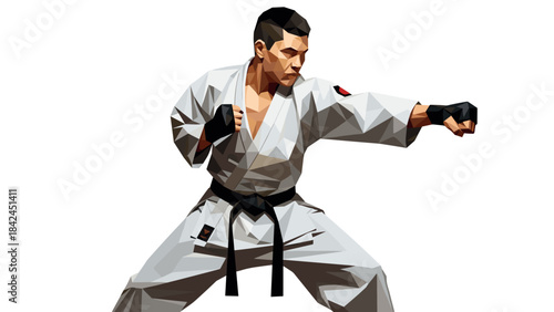 Geometric martial artist in karate pose with triangle patterns on white background