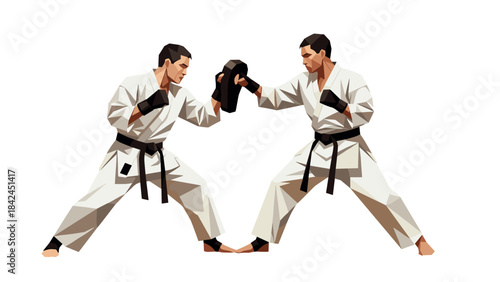Geometric karate training with two martial artists practicing techniques