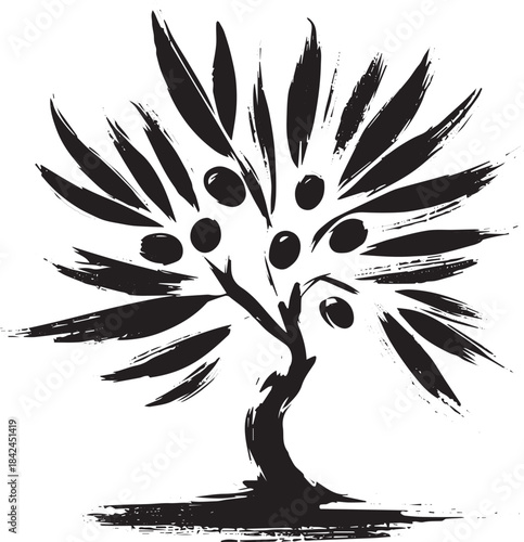 Elegant Olive Tree Illustration with Sumi-e Brush Stroke in Mini