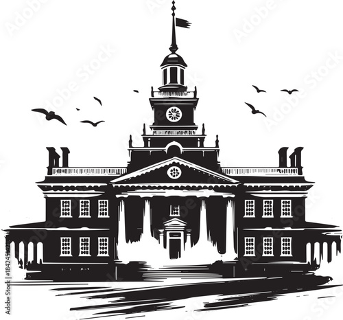 Stylized Sumi-e Illustration of Independence Hall with Birds Sil