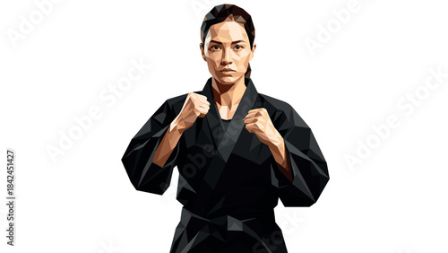 Low poly martial artist in black gi posing with clenched fists