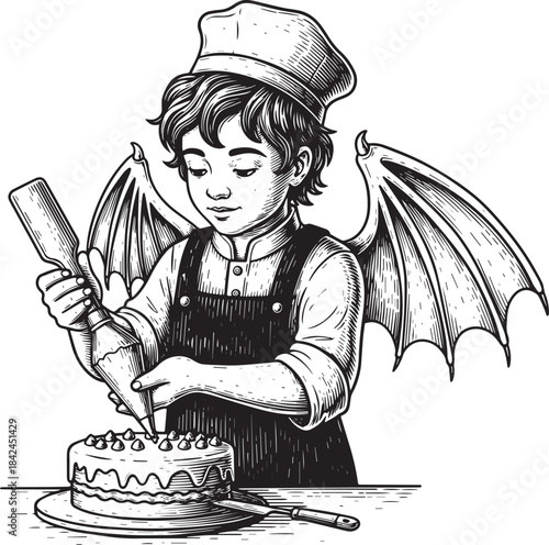 Charming baker with wings delicately frosting cake in engraved w