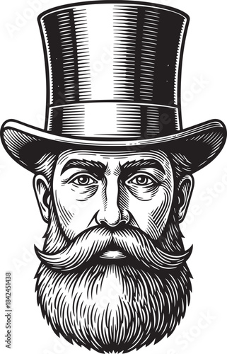 Vintage Engraving Portrait of a Bearded Gentleman with Top Hat I