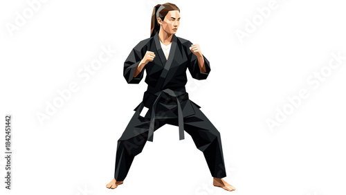 Polygonal female martial artist in black uniform ready to fight