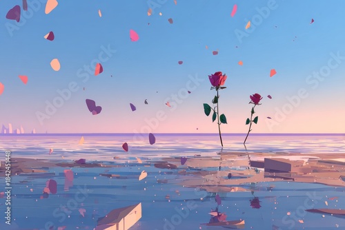 Two roses stand in water with petals falling; cityscape background under a pastel sky