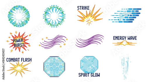 Dynamic pixel art energy effects collection with explosions and waves