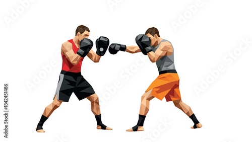 Low poly boxing match with geometric athletes in dynamic poses