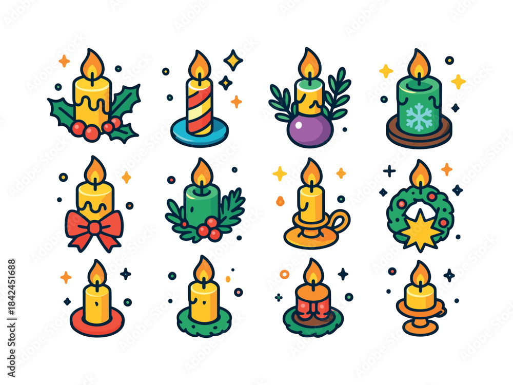 Naklejka premium Festive Candle Icons. holiday candles. Colorful isometric vector