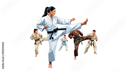 Martial arts training group in action with colorful origami style karate poses