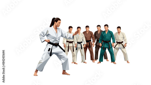 Martial arts class with diverse group practicing karate techniques