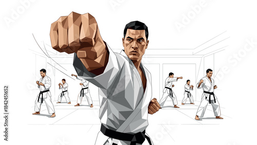 Geometric karate fighters practicing martial arts in polygon style