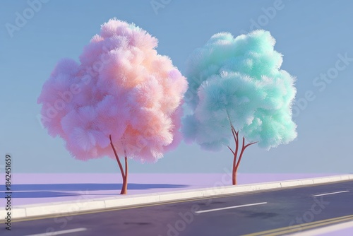 Two vibrant trees, pastel pink & blue, stand along a road against a clear sky