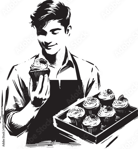 Monochrome illustration of baker admiring a cupcake with tray of