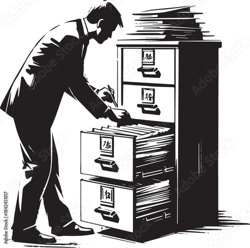 Japanese Style Sumi-e Illustration: Man Organizing Documents in