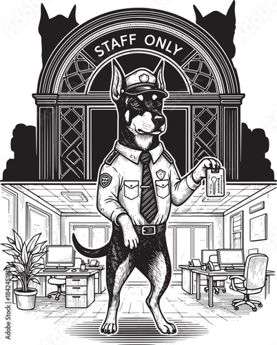 Engraved Doberman Bouncer in Office Interior, Staff Only, Woodcu