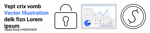 Lock symbolizing security, analytics dashboard with graphs and pie chart for data insights, dollar sign representing finance. Ideal for cybersecurity, data analytics, finance, business, technology