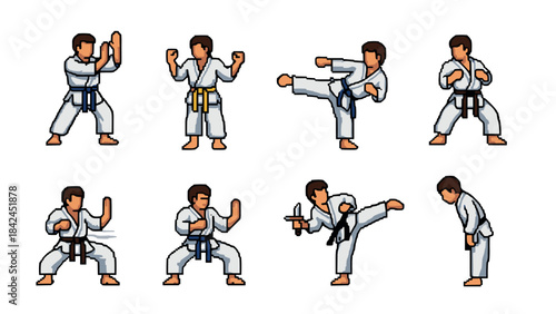 Pixel art karate moves with martial arts characters in action poses