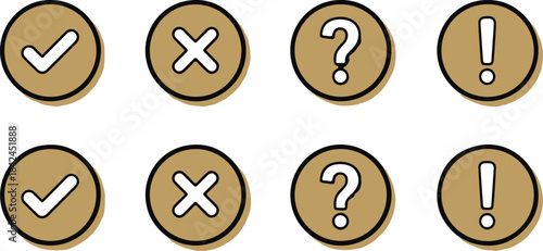 Set of round icons with check mark, cross, question mark, exclamation mark
