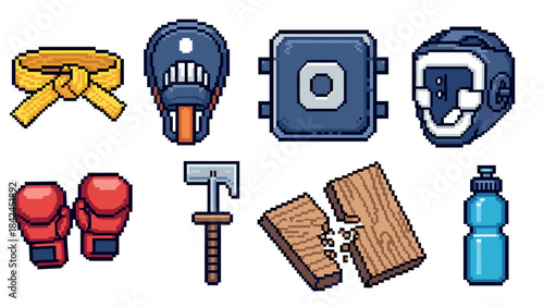 Karate and boxing equipment in retro pixel art style