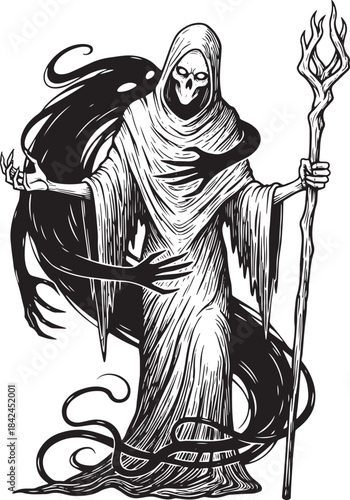 Engraved Illustration of Grim Reaper and Shadow Specter with an
