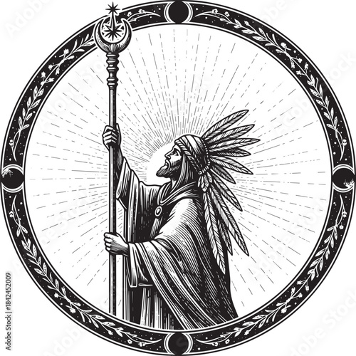 Engraved Illustration of Mystic Figure with Staff and Feather He