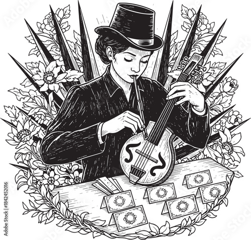 Monochrome vintage etching of a refined lady testing an stringed