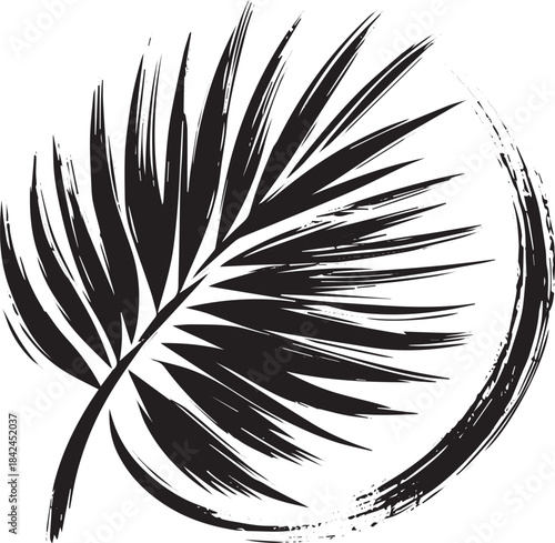 Abstract palm frond illustration in black ink style, botanical c
