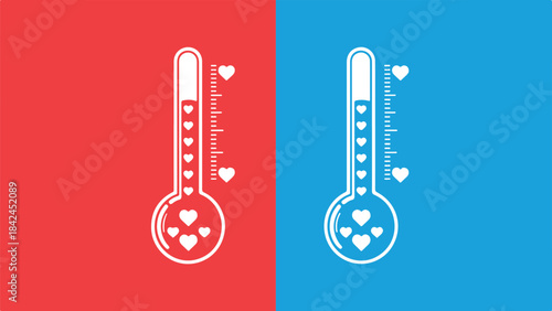 Two cartoon style thermometers with hearts on colored background