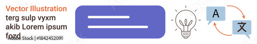 Language learning, translation tools, innovation, communication, creativity, global connectivity. Text icon, light bulb arrows and language symbols. Language learning and translation tools concept