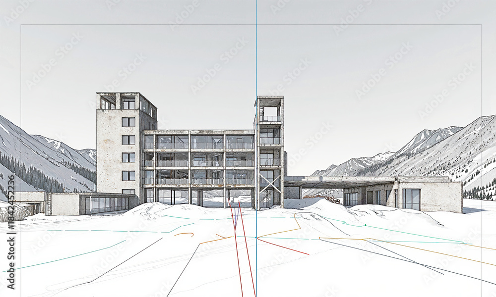 Obraz premium Derelict ski factory, press positions marked, shot from base area, overhead finishing visible, alpine sport architecture without mountains.