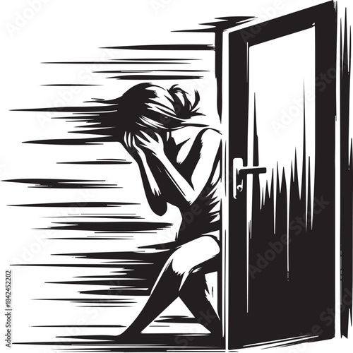 Woman in distress slams door in black and white illustration, an