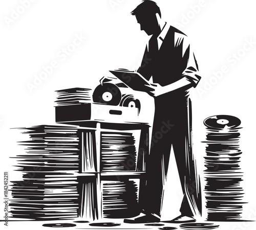 Ink illustration of a man sorting through a large record collect