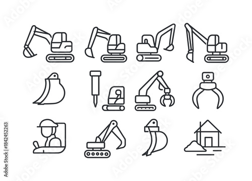 Excavator Icon Set. Excavator. Line icon set of Excavator: crawl