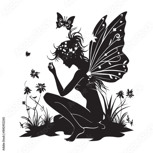 black and white illustration of fairy vector silhouette