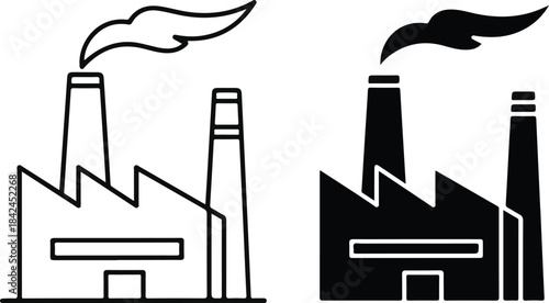 Set of factory building icons with chimney smoke outline and silhouette
