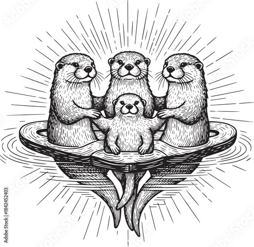 Engraved Illustration of an Otter Family on Floating Platform in