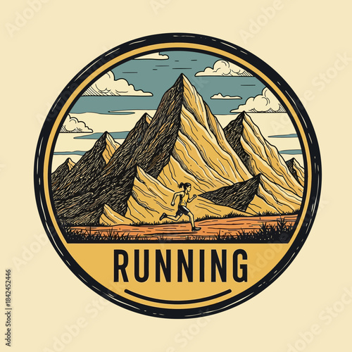 Stylized vintage mountaineering badge featuring a hiker traversing rugged