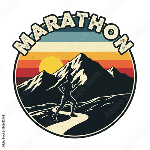 Stylized mountain marathon badge featuring a runner against a sunset backdrop