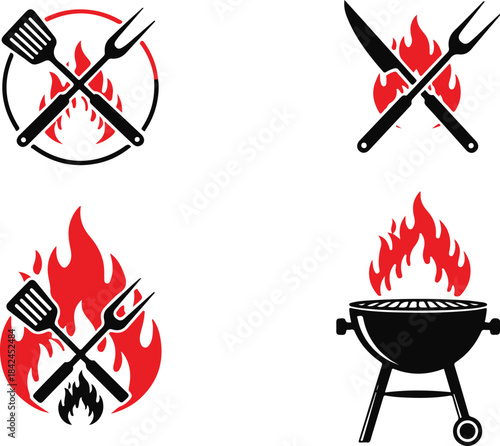 Set of barbecue grills spatulas and forks with fire flames vector