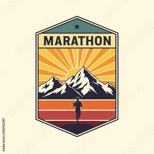 Stylized mountain marathon badge emphasizing outdoor adventure and endurance