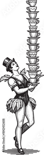 Daring acrobat, balances teacup stack, black and white engraveme