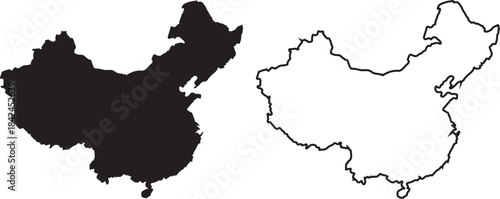 China Map vector outline and black silhouette graphic element isolated