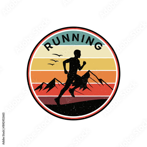 Dynamic silhouette of a person running through a scenic mountain landscape
