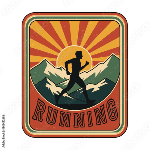 Inspirational outdoor running badge featuring mountain scenery and energizing