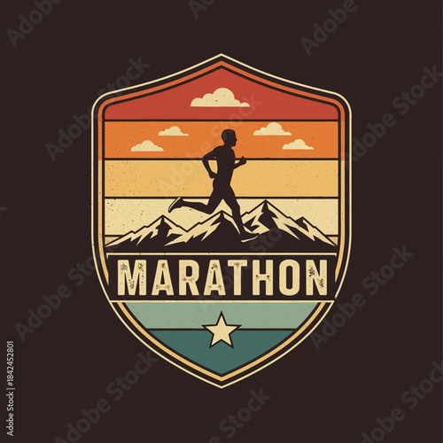 Dynamic marathon runner icon amid mountain landscape with vibrant sunset sky