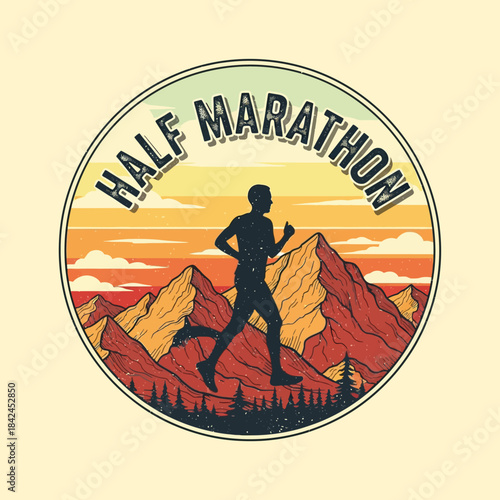 Inspirational half marathon graphic depicting a runner in mountainous