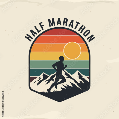 Retro-inspired half marathon silhouette with mountain landscape and vibrant